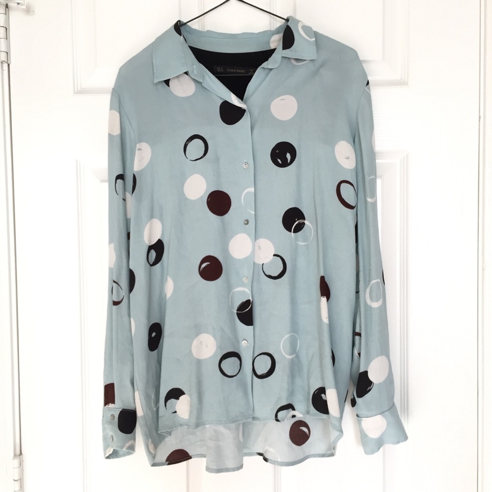 Zara Basic Big Polka-Dot Blue Button Down Blouse - image 2